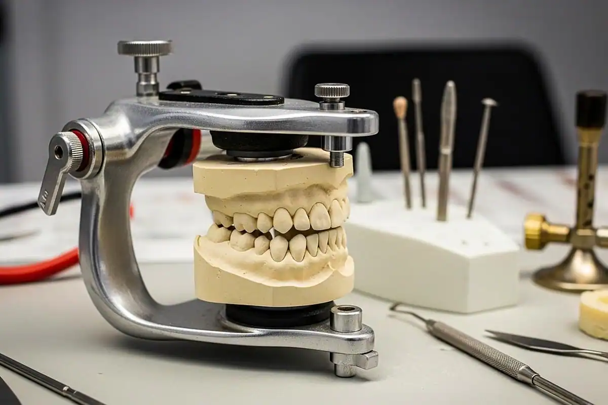 Articulator dentar cu model din ghips al arcadelor, folosit la planificarea tratamentului ortodontic