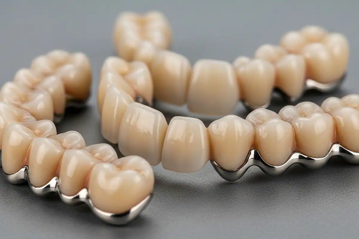 Punte dentară ceramică cu bază metalică, așezată pe o suprafață gri