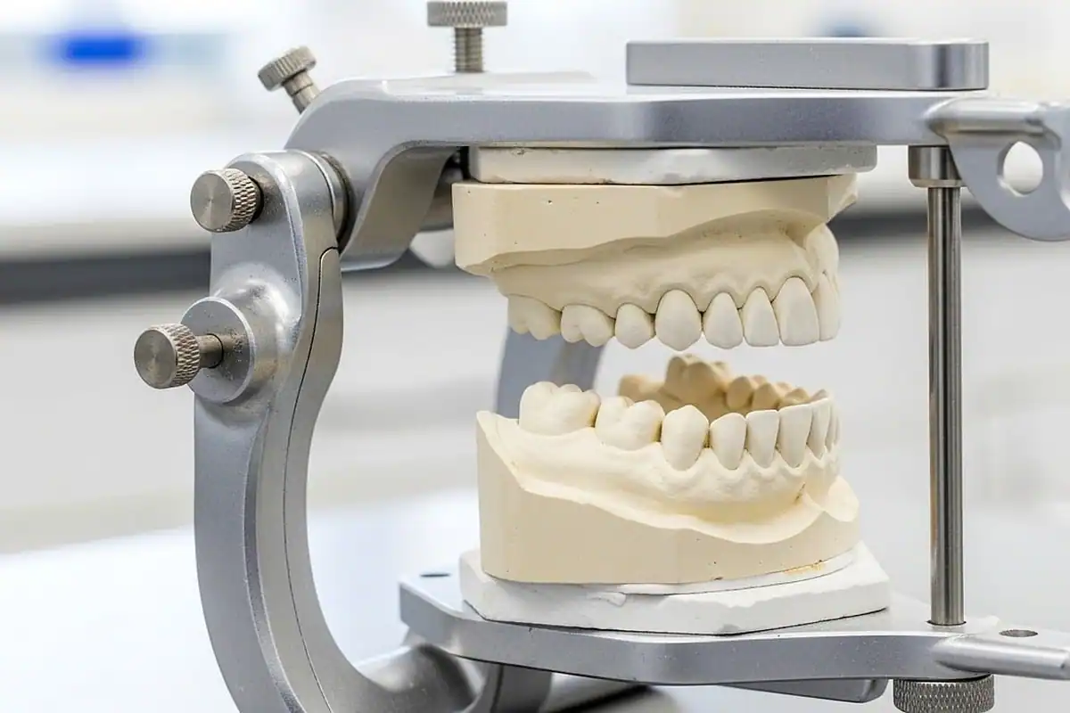 Articulator dentar cu modele ale arcadelor, în laboratorul unui cabinet